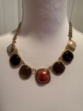 Multi-Stone Gold-Tone Statement Necklace - Pink Center